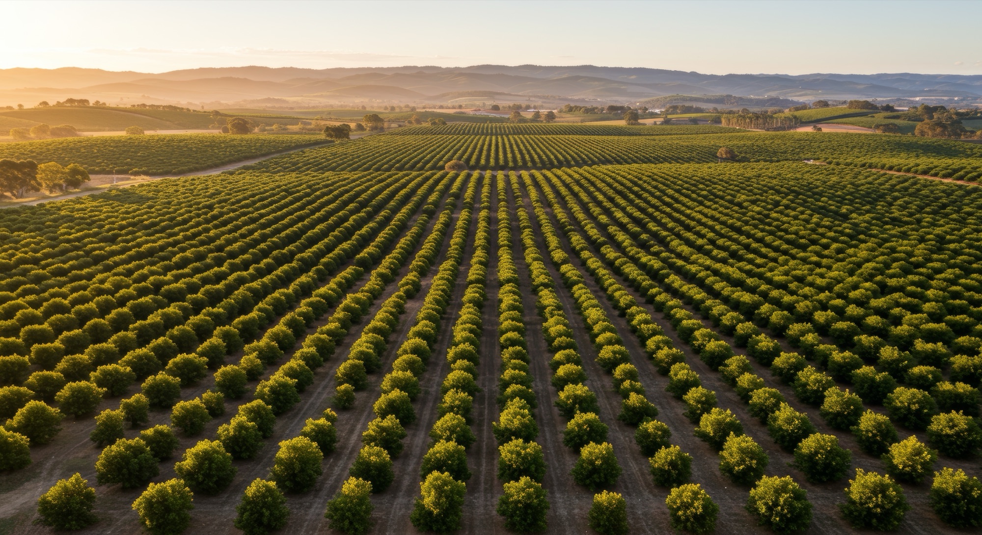 Aerial view of green crop rows in morning sunlight