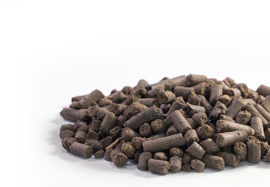 Close-up of dark carbon-enriched Sapling Fertilizer pellets